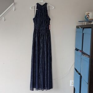 NWT Navy Blue And Silver Vincent Camuto Tie Neck Halter Keyhole Jumpsuit